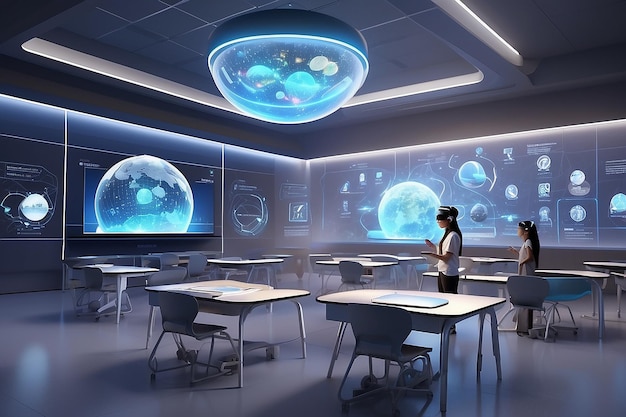 Concevoir une salle de classe futuriste où des écrans holographiques