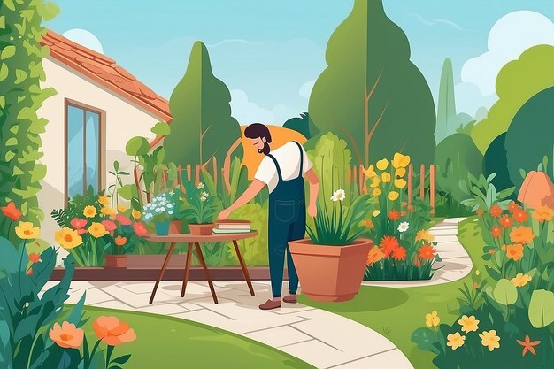 Concevoir une scène d'une personne travaillant dans un jardin ou un espace extérieur