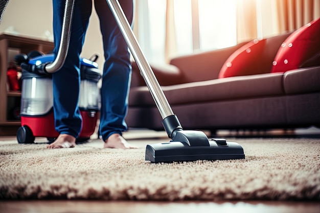 Le concierge aspire le tapis à la maison.