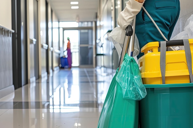 Le concierge de l'école nettoie diligemment le couloir pour maintenir la propreté