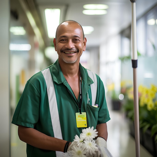 un concierge portant une expression joyeuse se tient dans un environnement immaculé