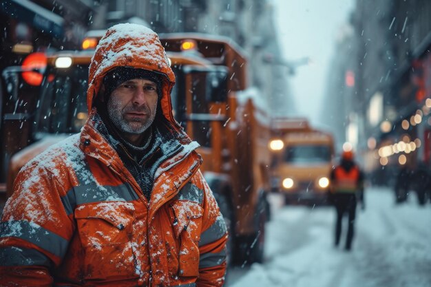 Un concierge travaillant sur le fond d'un chasse-neige dans la ville