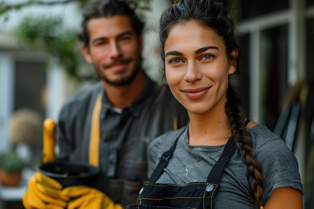 Des concierges professionnels de race mixte en uniforme faisant le nettoyage de printemps d'une maison moderne