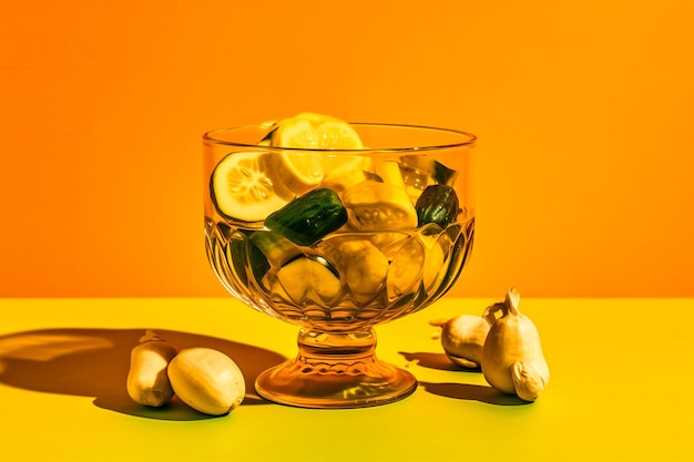 Concombres et ails dans un bol en verre sur fond jaune