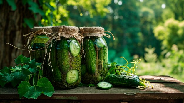 Photo des concombres en conserve dans un pot concentration sélective