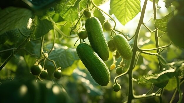 Concombres sur une plante avec le soleil qui brille dessus