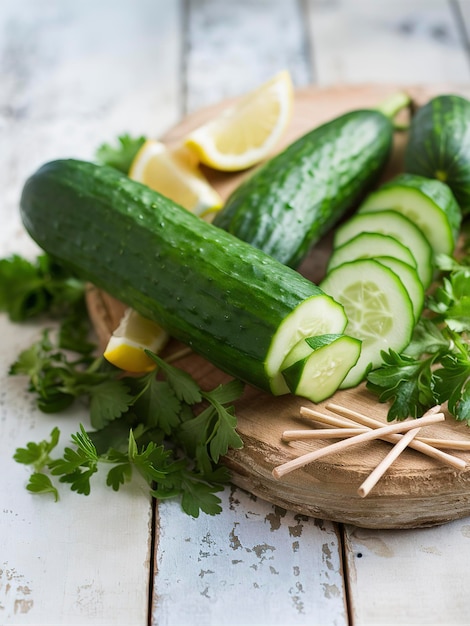 Des concombres verts et des tranches sur fond de bois