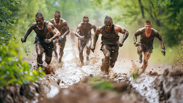 Photo des concurrents plus durs courent à travers un parcours d'obstacles boueux.