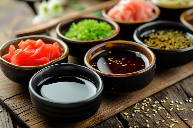 Photo condiment japonais pour sushi sauce soja wasabi gingembre mariné sésame cuisine japonaise