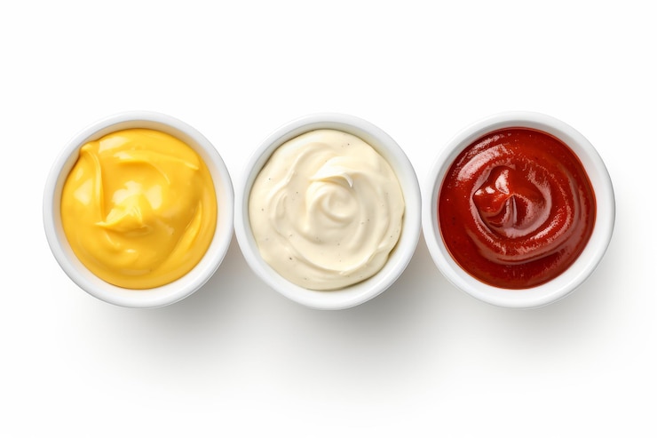 Photo des condiments vibrants en abondance vue supérieure du ketchup, de la mayonnaise, de la moutarde et de la sauce à l'ail isolés sur wh