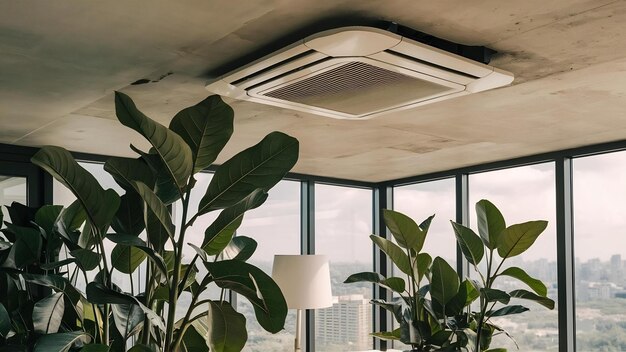 Conditionneur d'air à cassette en gros plan sur le plafond d'un bureau ou d'un appartement lumineux moderne avec un ficus vert