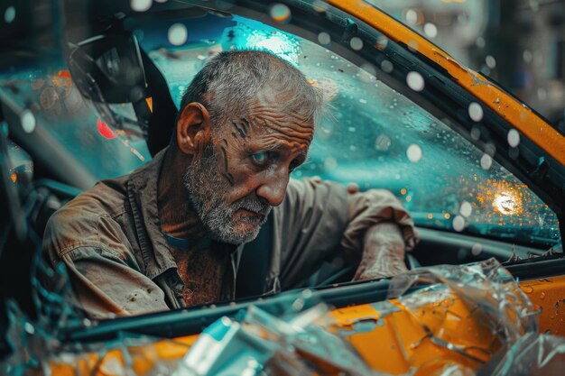 Photo un conducteur adulte contrarié devant un accident de voiture un accident de collision de voiture sur une route de la ville