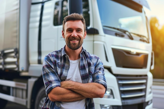 Un conducteur de camion joyeux posant fièrement