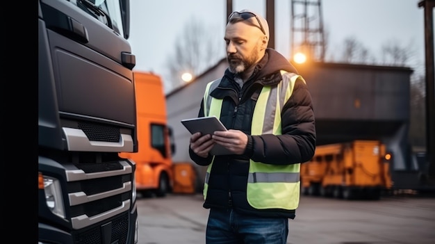 Photo le conducteur de camion tient la tablette