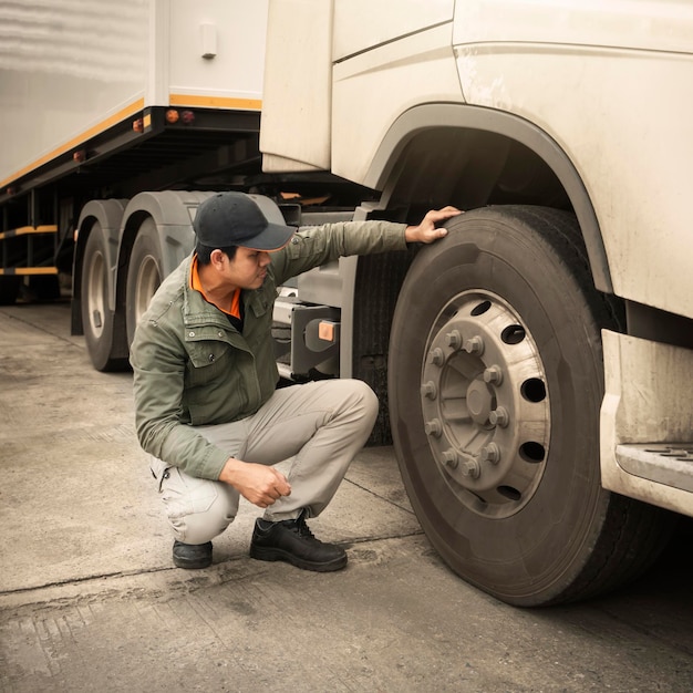 Photo le conducteur du camion vérifie les pneus des roues du camion d'entretien de la sécurité du camion. sécurité d'inspection des camions