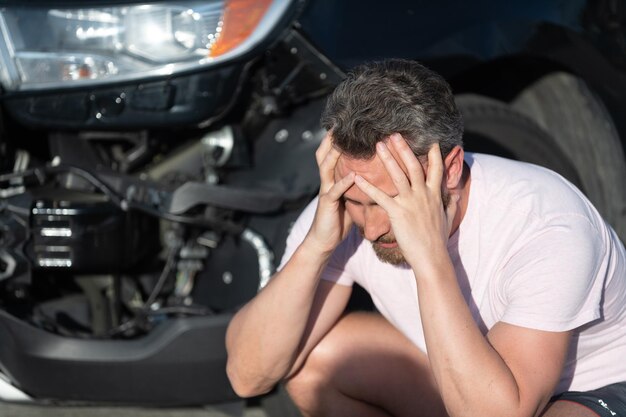 Conducteur d'homme bouleversé à la voiture cassée après un accident de voiture de collision automobile, accident de voiture.