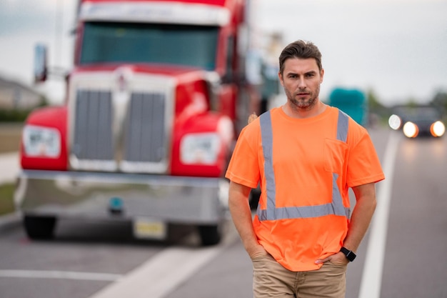 Conducteur d'hommes près de camion camion homme chauffeur de camion propriétaire en gilet de sécurité près de camion beau ma d'âge moyen