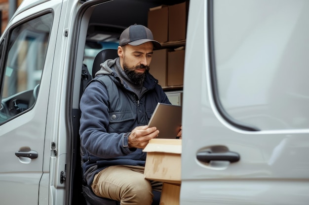 Conducteur de livraison utilisant une tablette dans un fourgon avec des colis sur le siège à l'extérieur de l'entrepôt