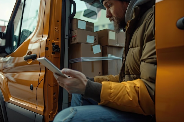 Conducteur de livraison utilisant une tablette dans un fourgon avec des colis sur le siège à l'extérieur de l'entrepôt
