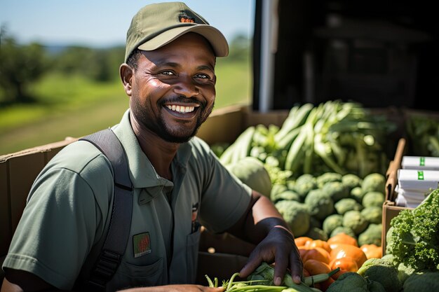 Photo le conducteur livre des aliments frais sur le marché rural.