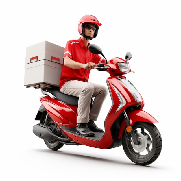 Conducteur de moto ou de scooter de livraison avec courrier sur fond blanc