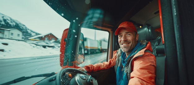 Un conducteur de piste heureux regarde la caméra du camion.