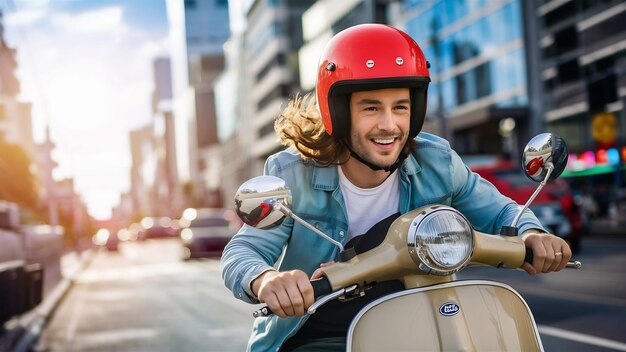 Photo un conducteur de scooter avec un casque rouge.