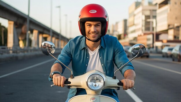 Photo un conducteur de scooter avec un casque rouge.