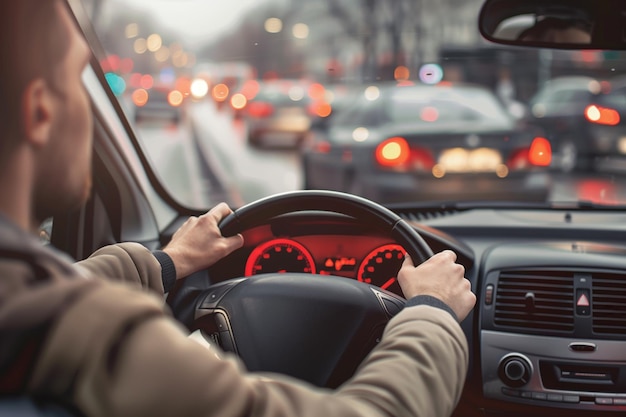 Conducteur stressé dans la voiture pendant la circulation dense