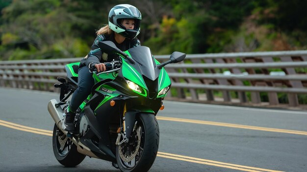 Photo une conductrice conduisant une moto de couleur néon verte sur la route