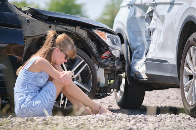 Conductrice stressée assise sur le côté de la rue choquée après un accident de voiture Concept de sécurité routière et d'assurance