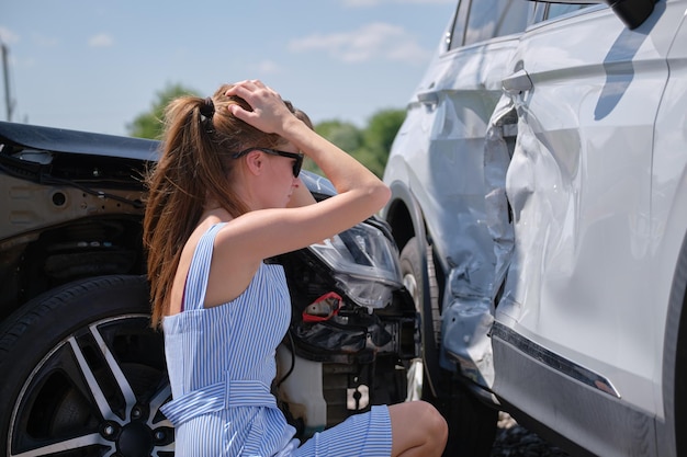 Une conductrice stressée assise du côté de la rue choquée après un accident de voiture. Concept de sécurité routière et d'assurance