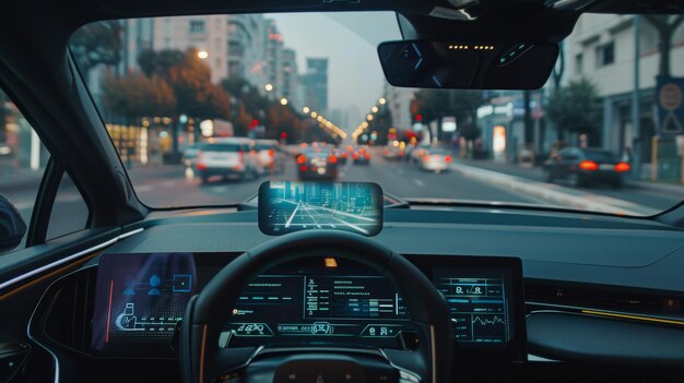 Photo conduire un véhicule autonome dans les rues d'une ville fpv vue à la première personne montrant la navigation de vitesse et de distance et la numérisation routière