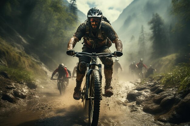 Conduire un vélo sur un magnifique sentier de montagne le matin un cycliste sur un vélo sport généré par l'IA