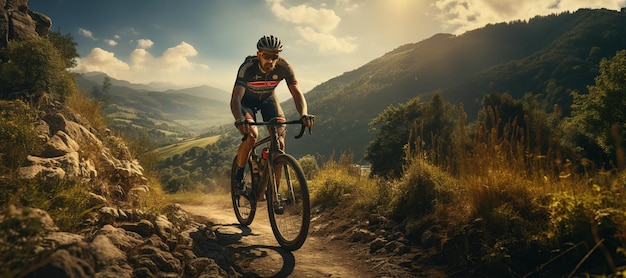 Conduire un vélo sur un magnifique sentier de montagne le matin un cycliste sur un vélo sport généré par l'IA