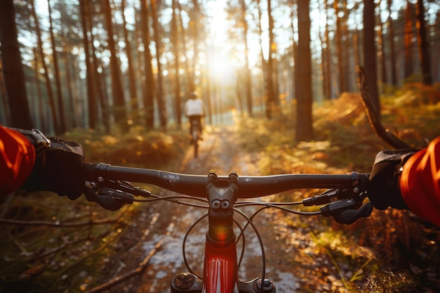 Conduire un vélo sur un sentier accidenté ou une route de terre dans une forêt avec la lumière du matin IA générative