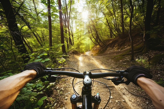 Conduire un vélo sur un sentier accidenté ou une route de terre dans une forêt avec la lumière du matin IA générative