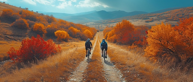 Conduire des vélos sur une route à travers des pâturages de montagne verdoyants pendant l'automne d'en haut