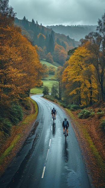 Conduire des vélos sur une route à travers des pâturages de montagne verdoyants pendant l'automne d'en haut