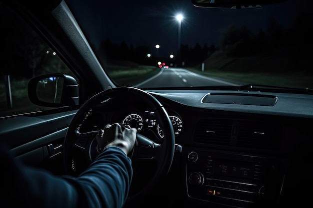 Conduire une voiture la nuit Route sombre Voiture de nuit Voyage de la circulation dans l'obscurité Mains sur le volant Illustration générative d'IA