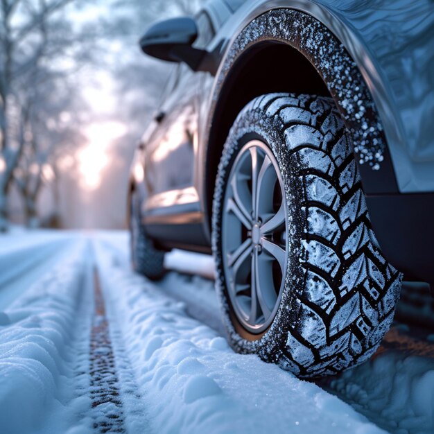 Conduite hivernale, gros plan de pneus de voiture sur une route enneigée. Pour la taille des publications sur les réseaux sociaux