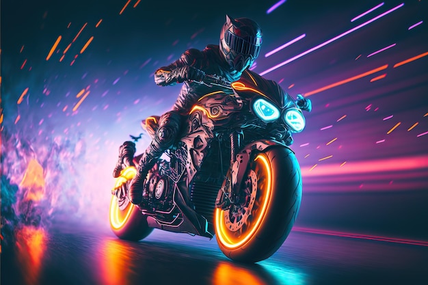 Photo conduite d'une moto de sport futuriste dans une ville nocturne, fond de moto cyberpunk