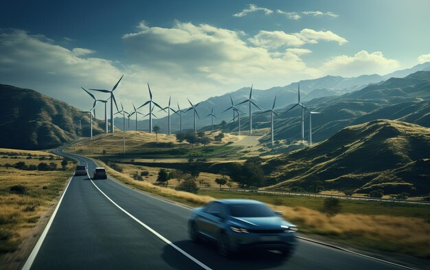 Conduite de la voiture électrique sur le fond des éoliennes Conduit de la voiture sur une route de montagne