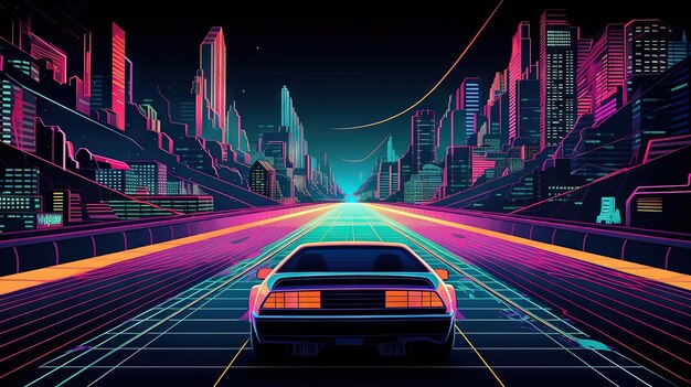 Conduite en voiture sur la route au néon dans le style synthwave rétro des années 80