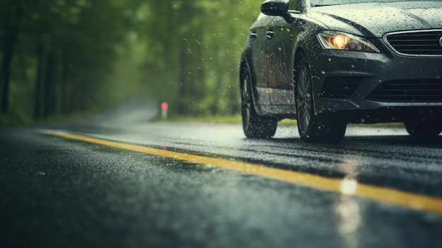 Conduite d'une voiture de sport sur une route mouillée mettant en évidence les performances et la sécurité du véhicule
