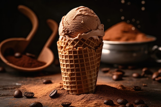 Cône avec boule de crème glacée à saveur de café Célébration de la journée de la crème glacée AI générative