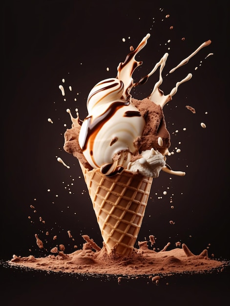 Photo cone de crème glacée au chocolat et à la vanille avec effet d'éclaboussure sur fond sombre avec de la poudre de chocolat