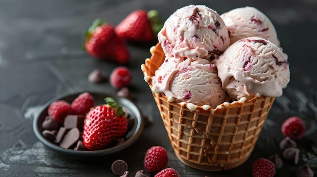 un cône de crème glacée aux fraises avec des fraises sur une table