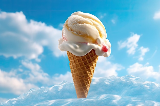 Le cône de crème glacée avec la cerise sur le dessus contre l'IA générative du ciel bleu