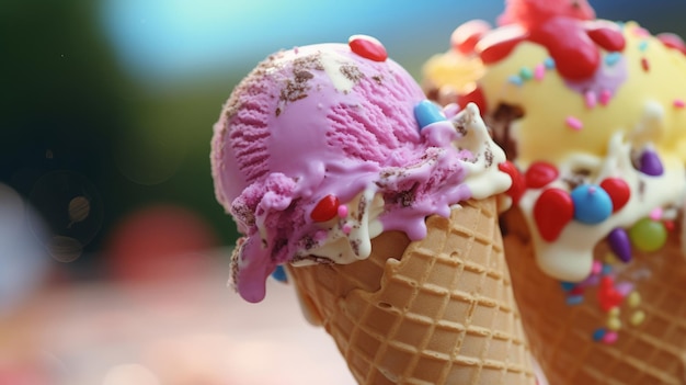 Un cône de crème glacée coloré fond avec des cuillères de différentes saveurs
